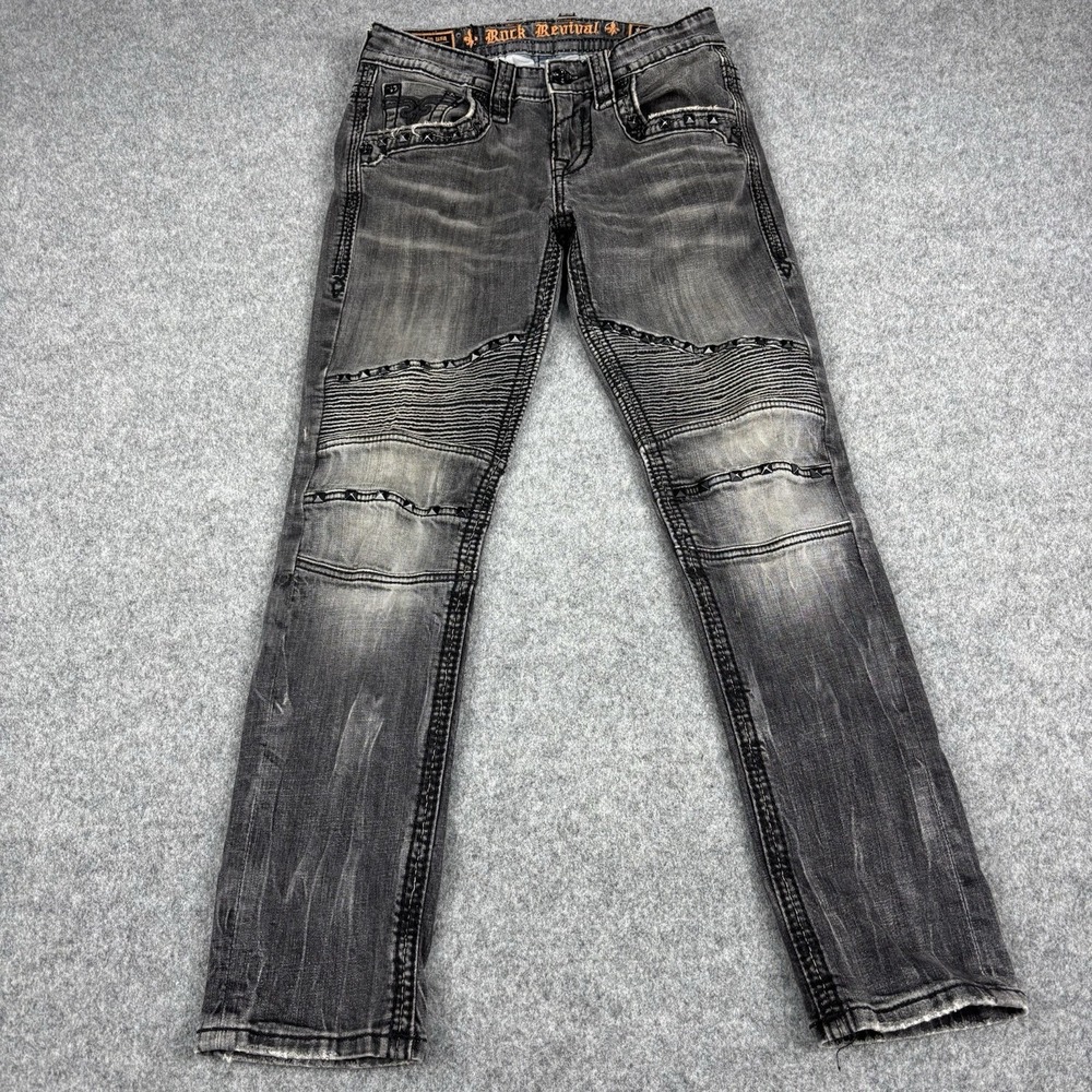 Rock Revival Jeans Mens 28 (Fits 30x30) Jerry Biker Moto Distressed Gray Black